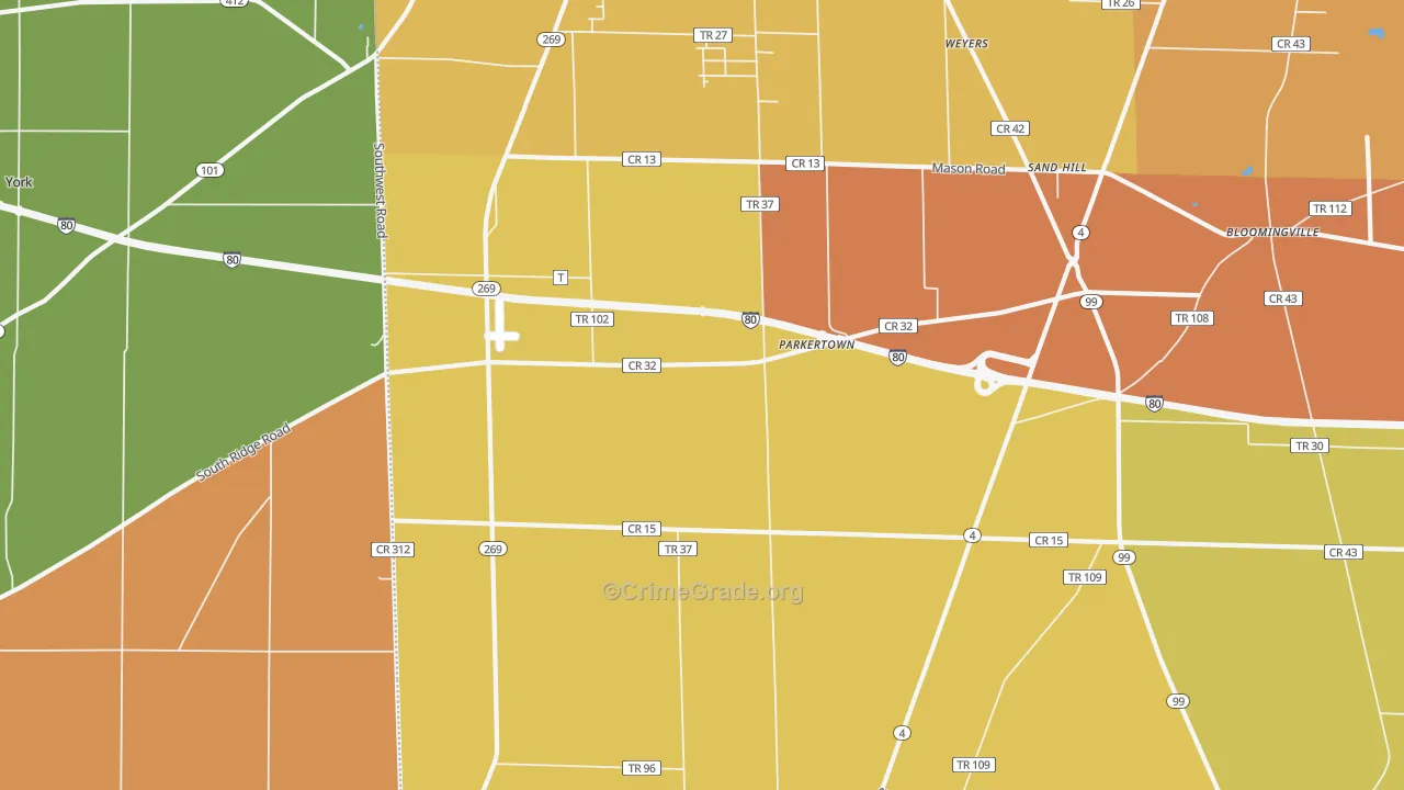 Parkertown, OH Map of Theft Rates
