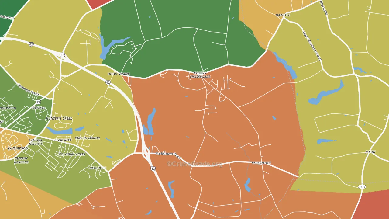 Parkstown, NC Map of Theft Rates