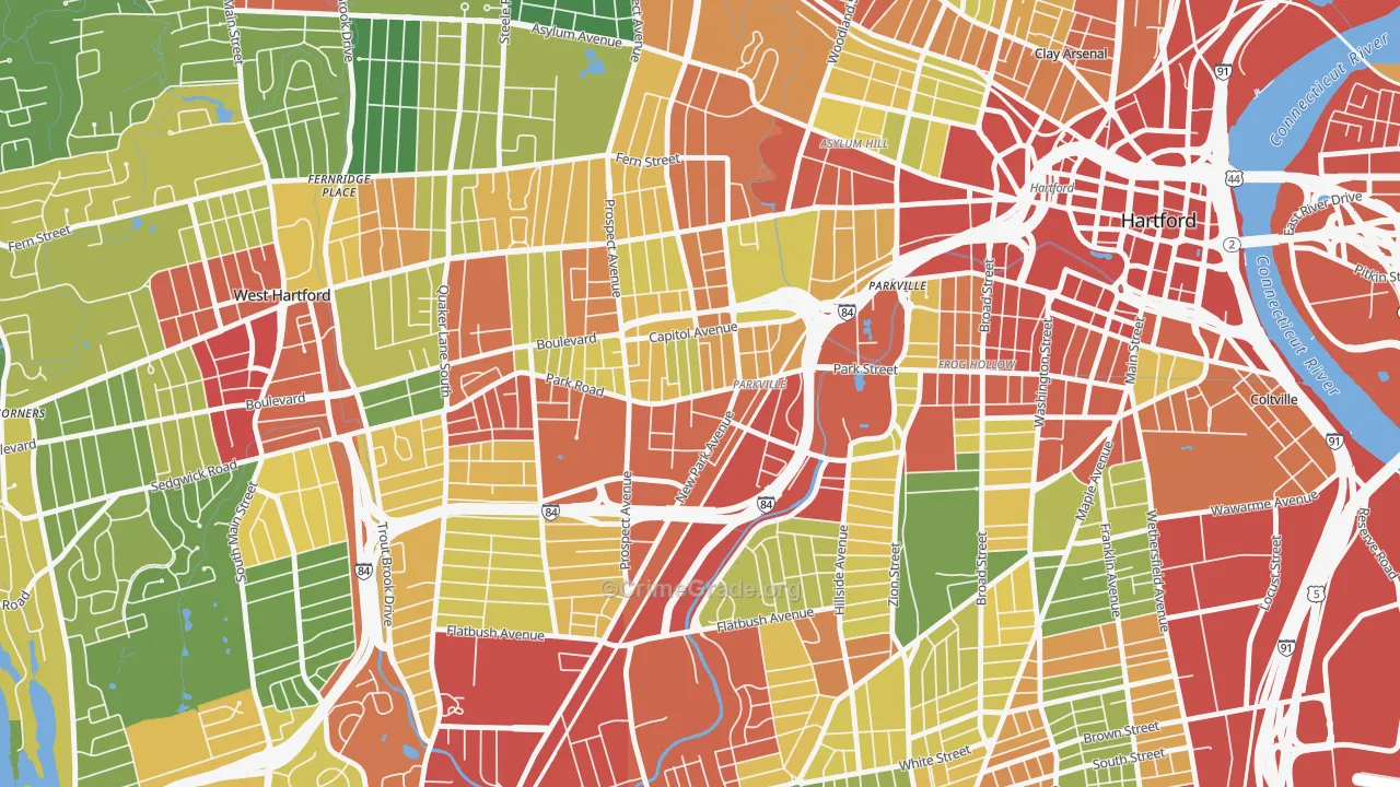 Parkville, Hartford, CT Map of Theft Rates
