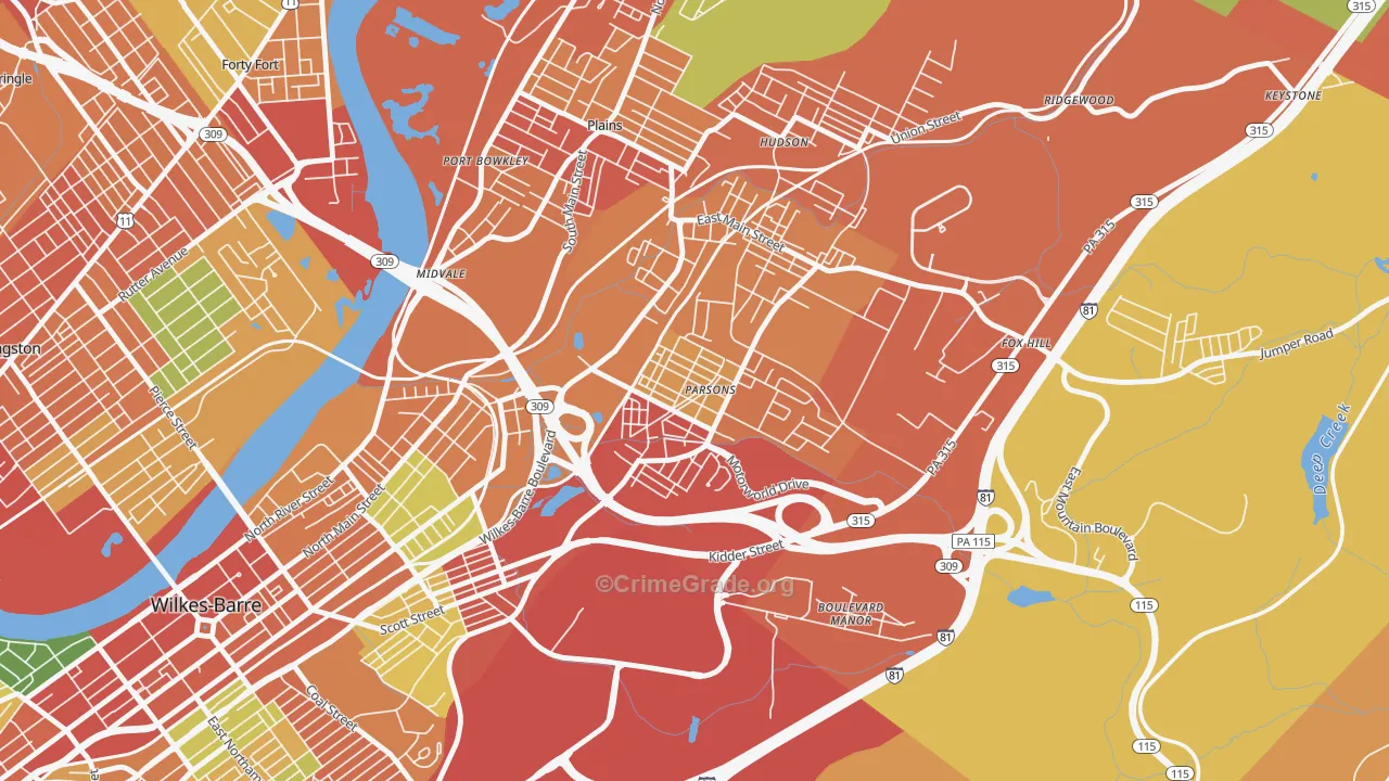 Parsons, Wilkes-Barre, PA Map of Theft Rates