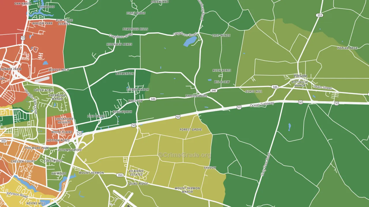 Parsonsburg, MD Map of Theft Rates