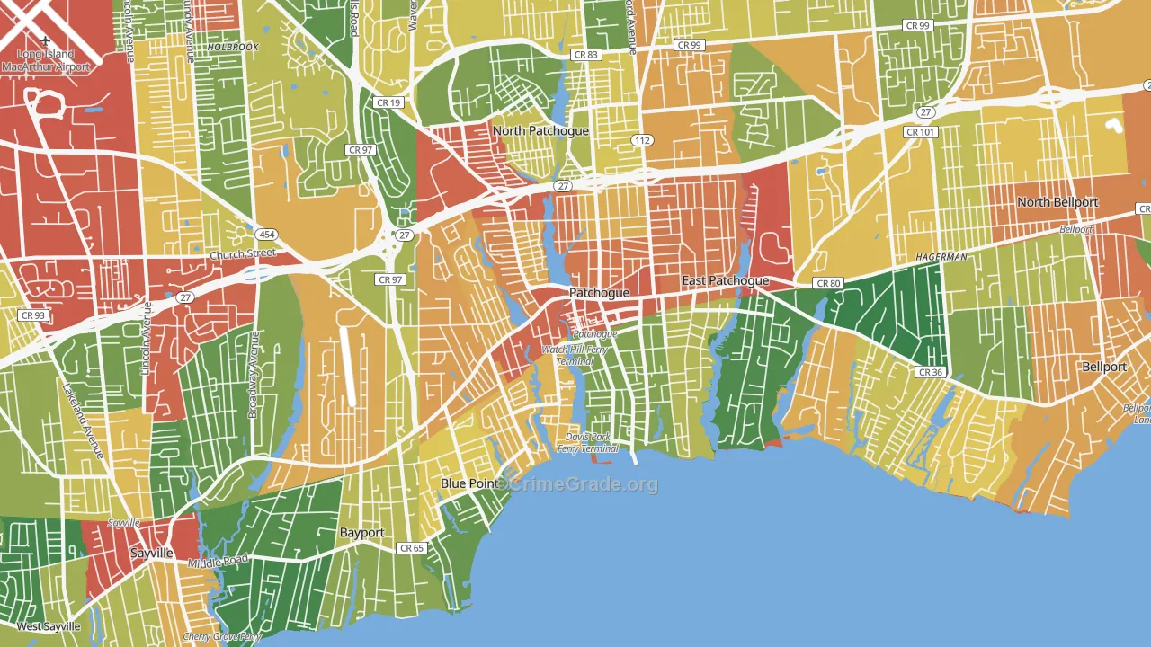 Patchogue, NY Map of Theft Rates