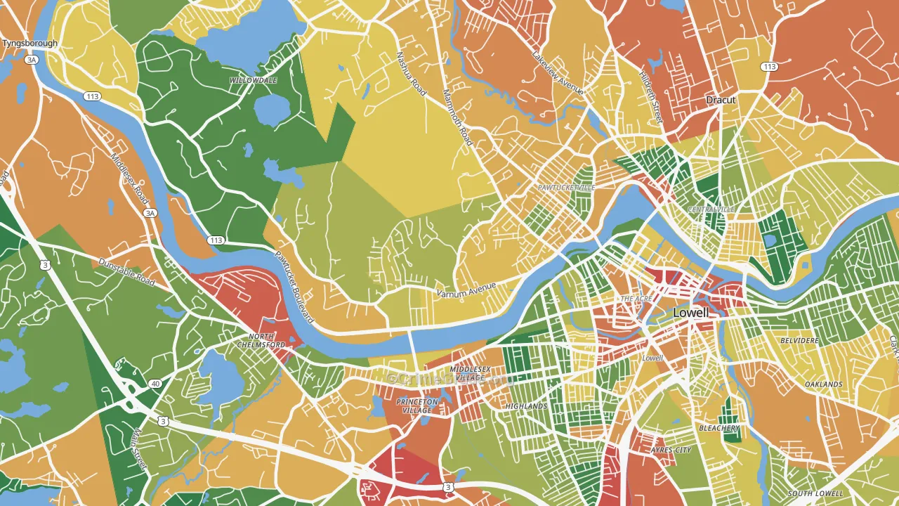 Pawtucketville, Lowell, MA Map of Theft Rates