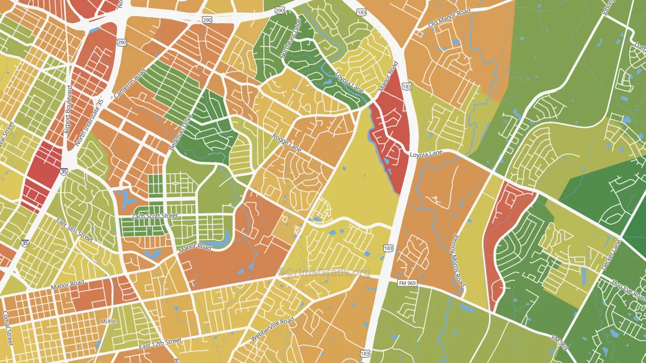Pecan Springs Springdale, Austin, TX Map of Theft Rates