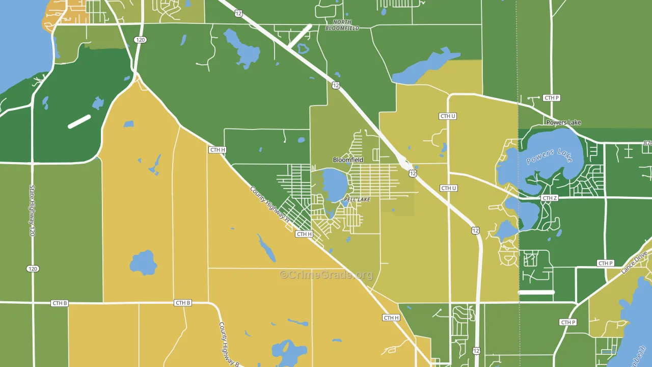 Pell Lake, WI Map of Theft Rates