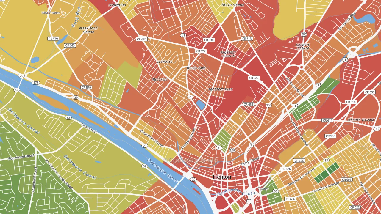 Pennington-Prospect, Trenton, NJ Map of Theft Rates
