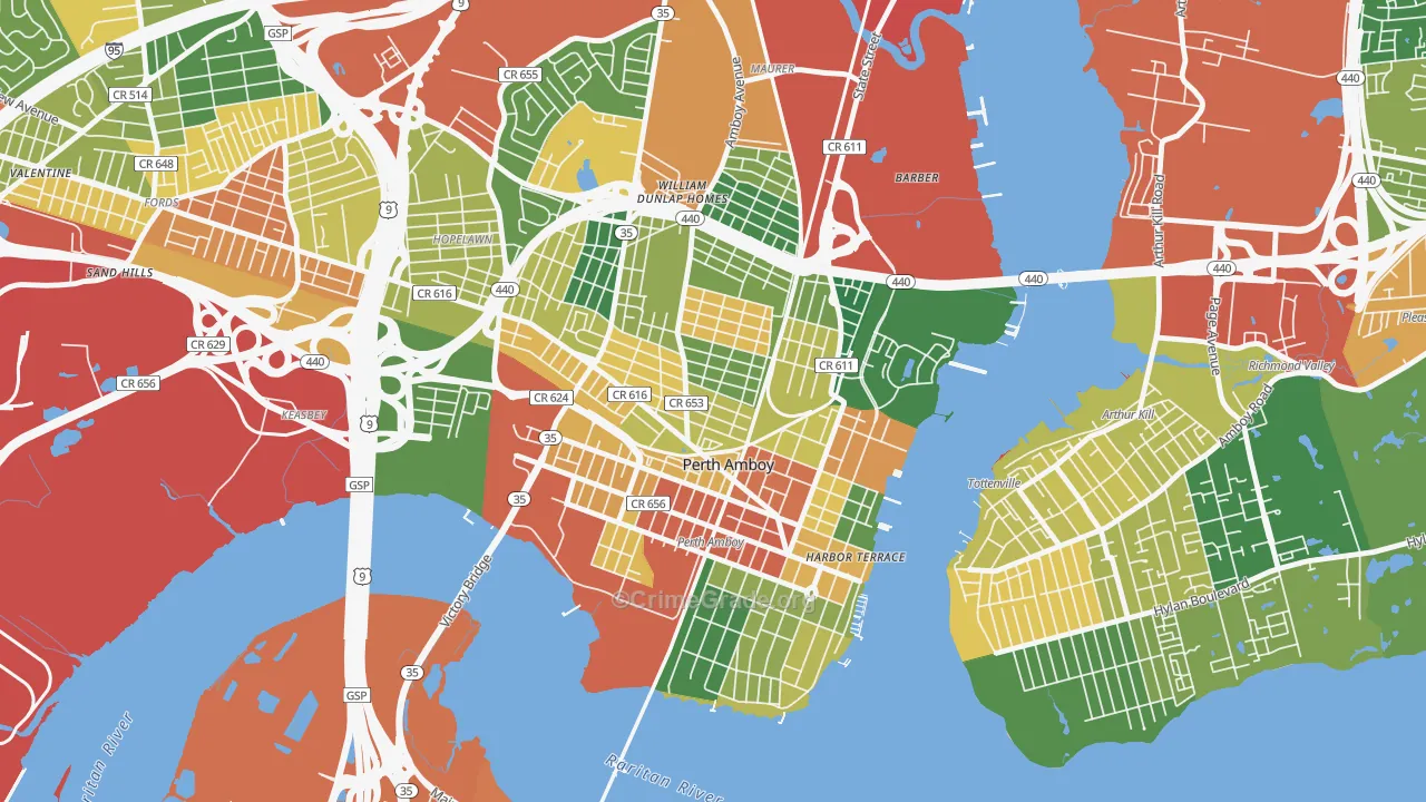 Perth Amboy, NJ Map of Theft Rates