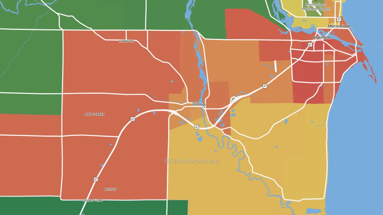 Peshtigo, WI Map of Theft Rates