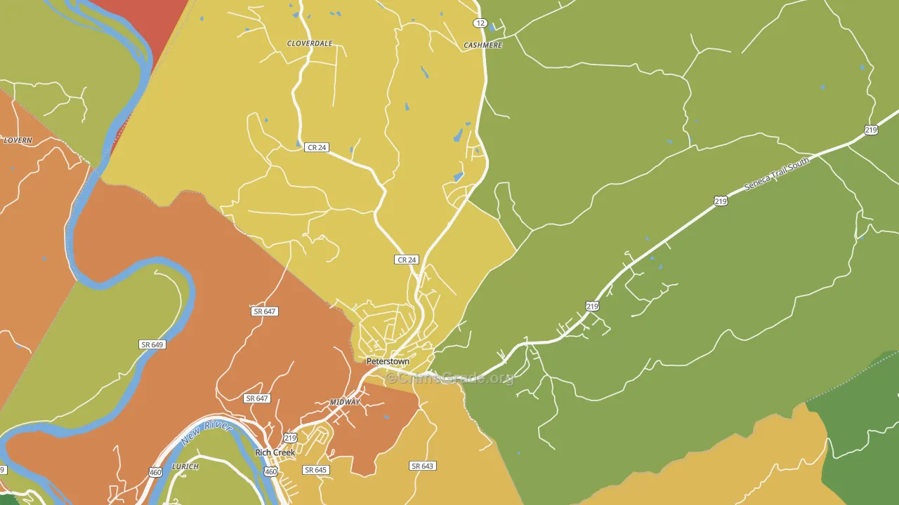 Peterstown, WV Map of Theft Rates