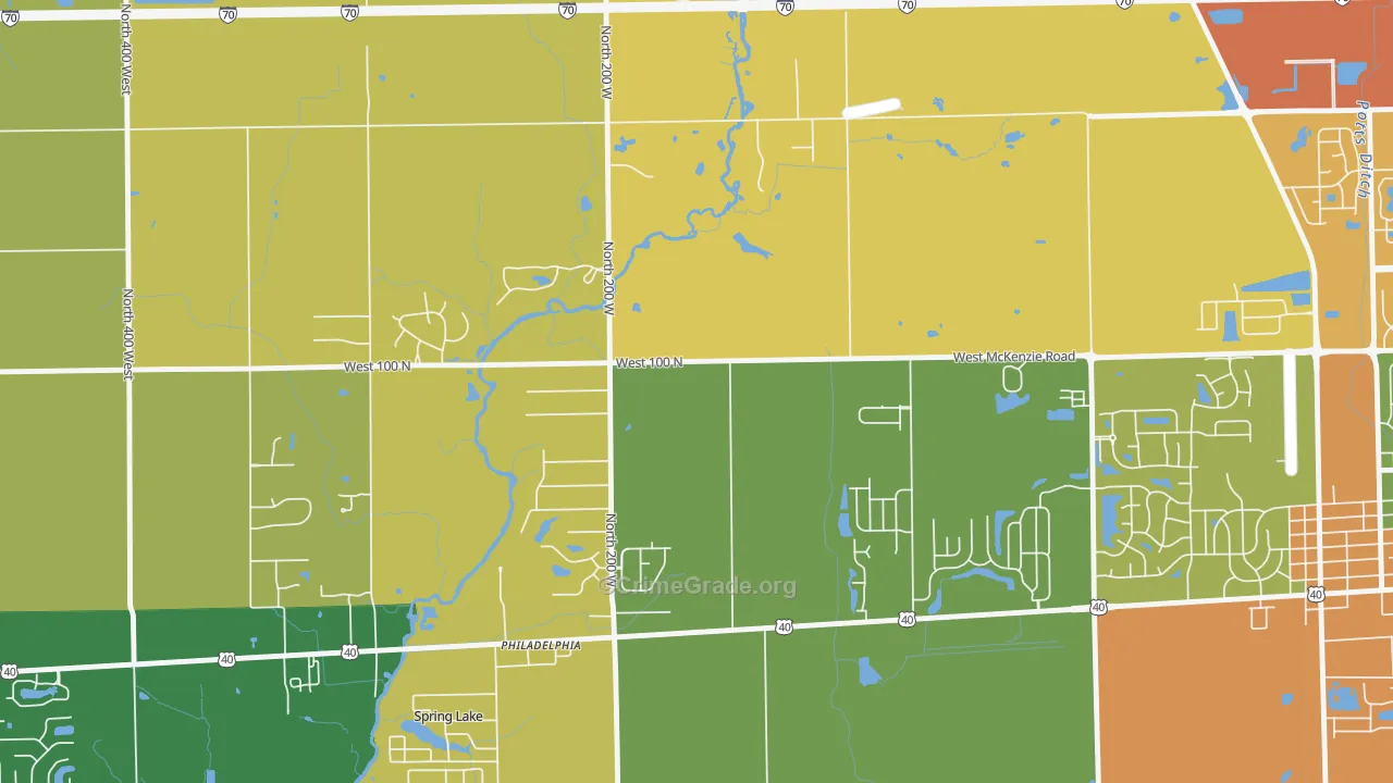 Philadelphia, IN Map of Theft Rates