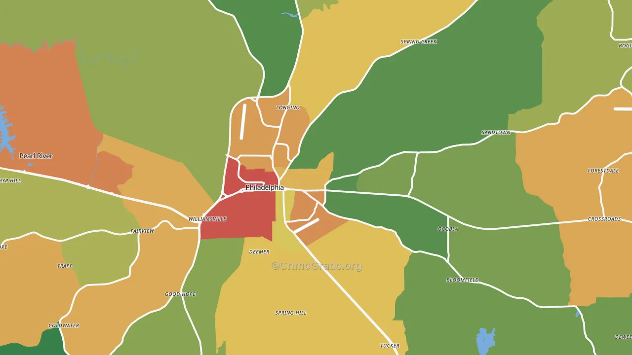 Philadelphia, MS Map of Theft Rates