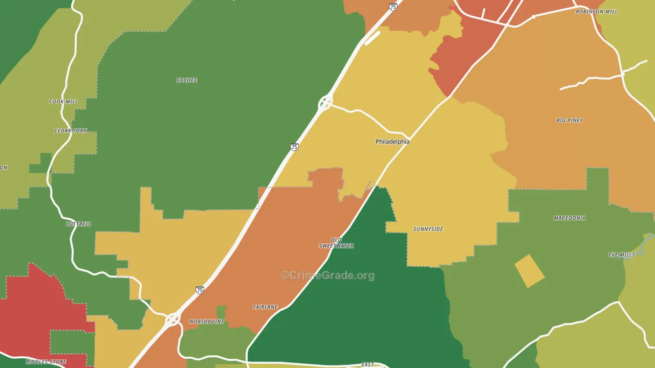 Philadelphia, TN Map of Theft Rates