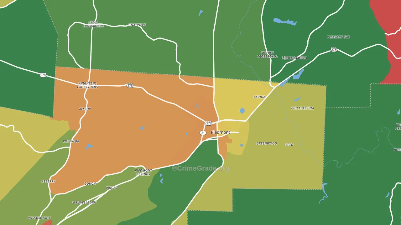 Piedmont, AL Map of Theft Rates