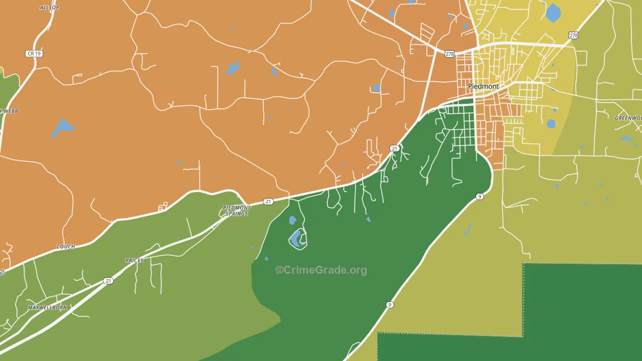 Piedmont Springs, AL Map of Theft Rates