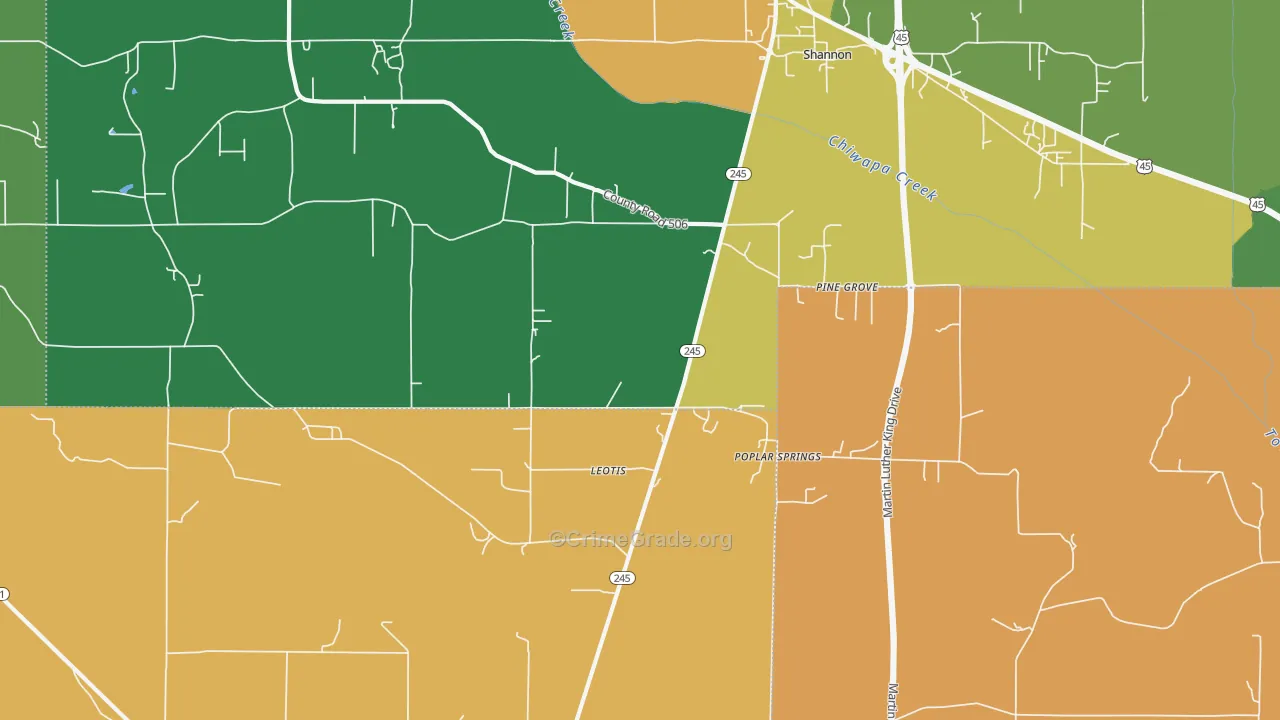Pine Grove, MS Map of Theft Rates