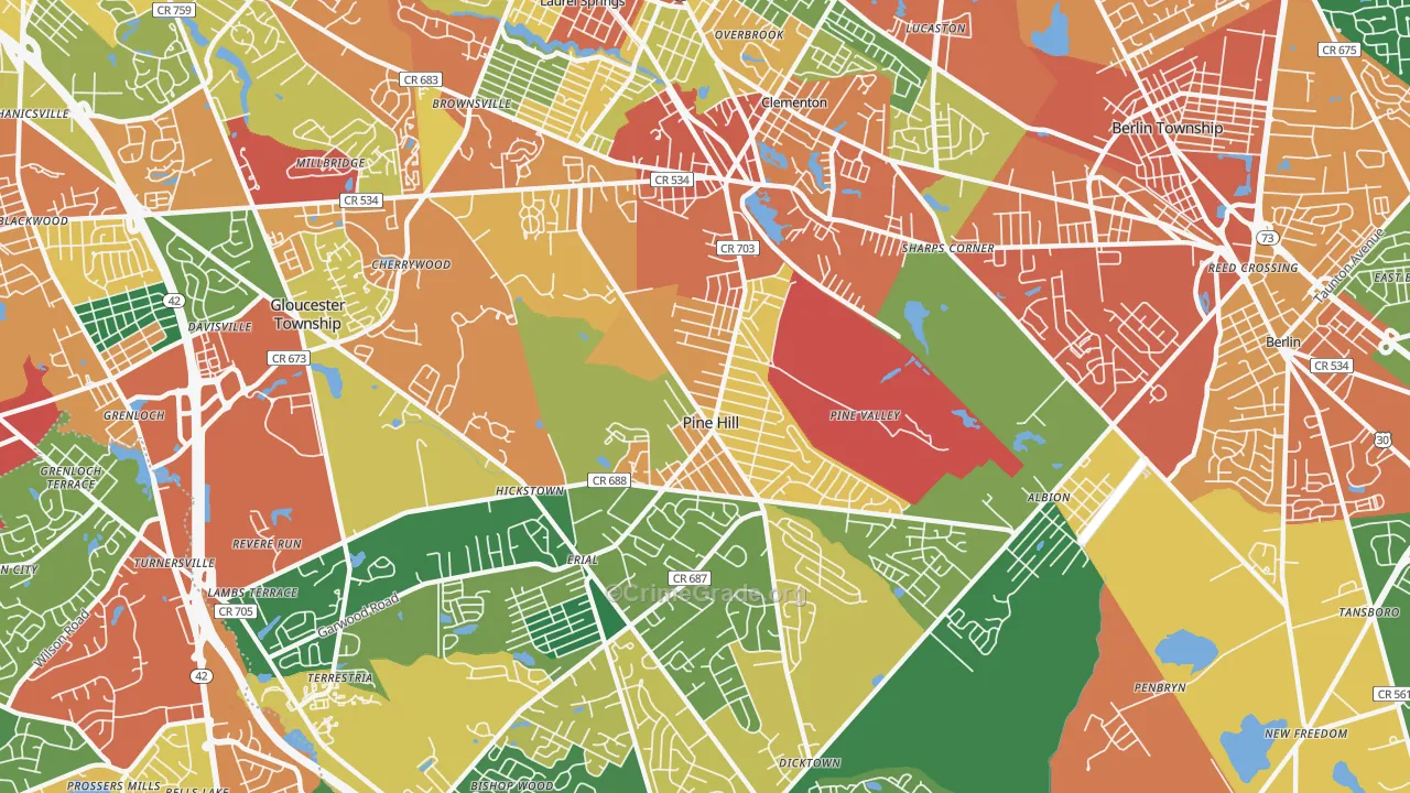 Pine Hill, NJ Map of Theft Rates