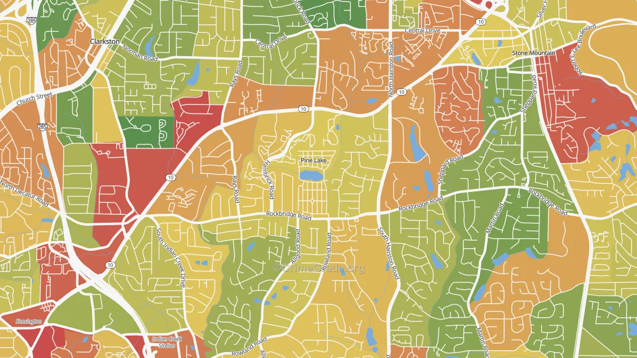 Pine Lake, GA Map of Theft Rates