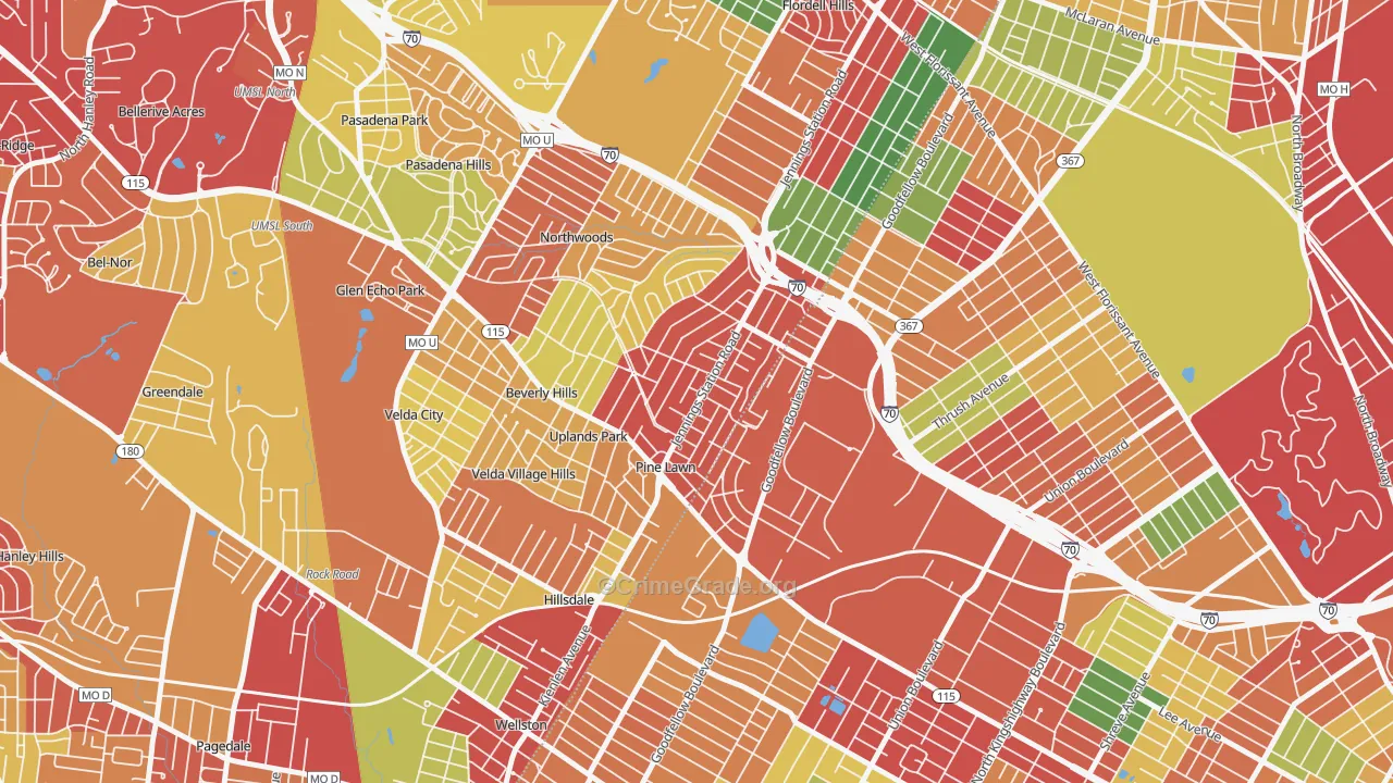 Pine Lawn, MO Map of Theft Rates