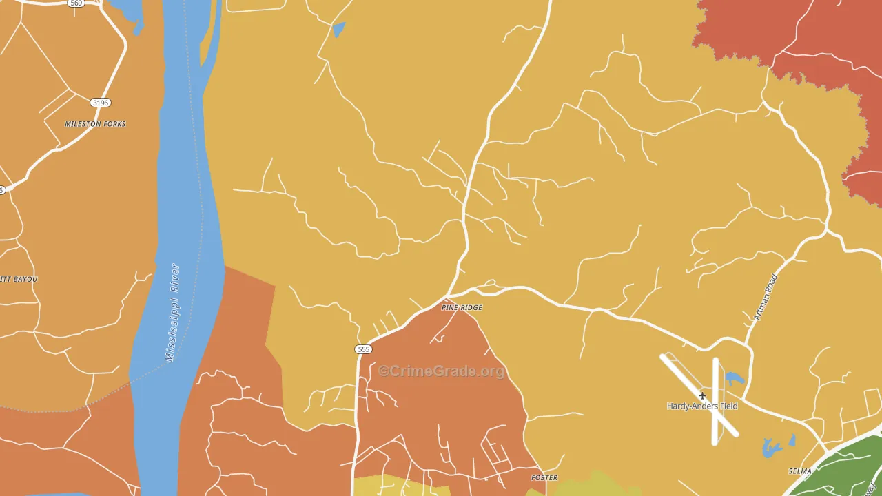 Pine Ridge, MS Map of Theft Rates