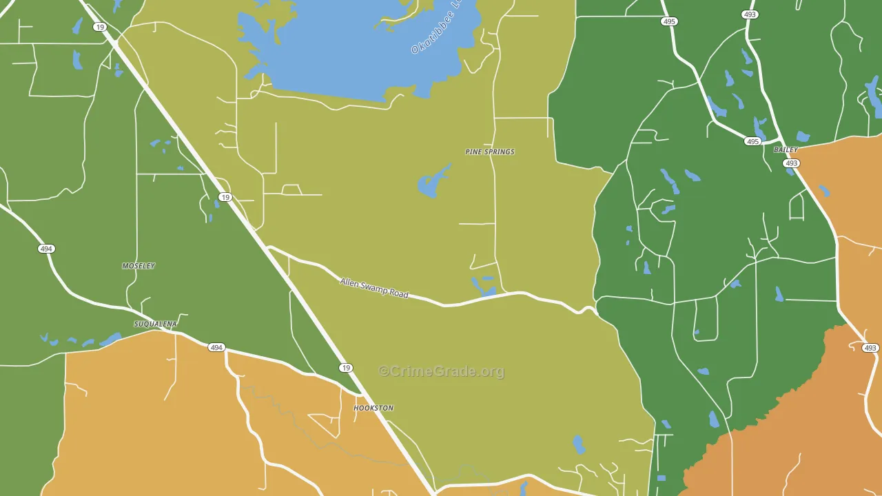 Pine Springs, MS Map of Theft Rates