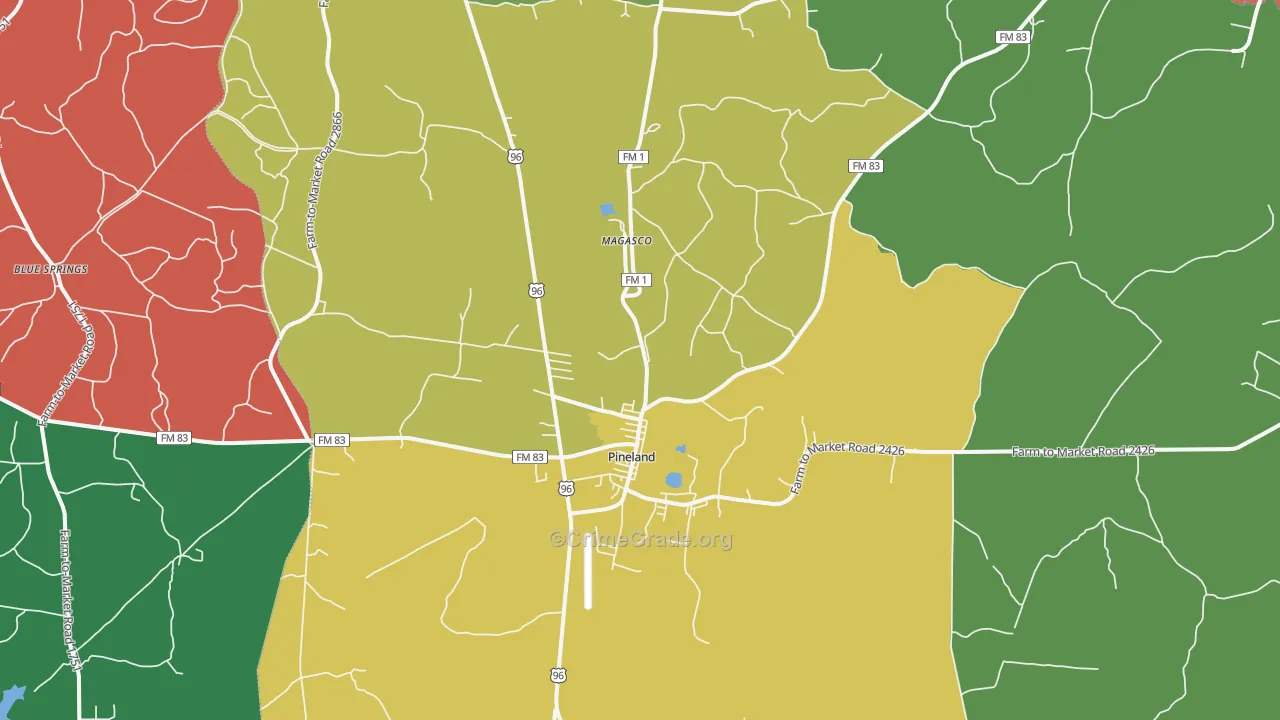Pineland, TX Map of Theft Rates