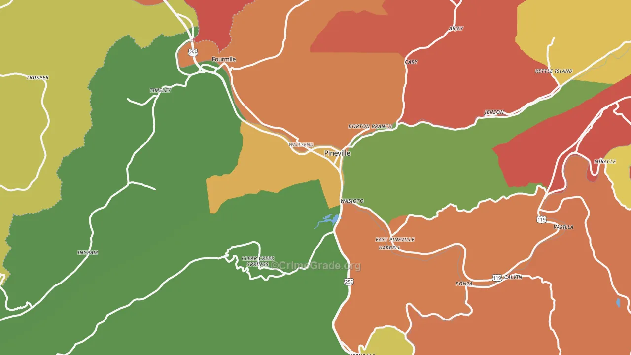 Pineville, KY Map of Theft Rates