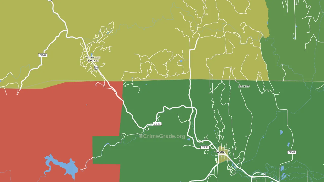 Pinewood Springs, CO Map of Theft Rates