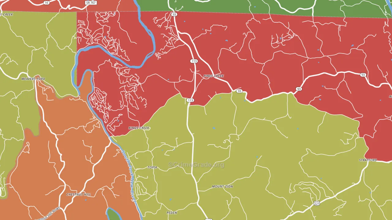 Piney Creek, NC Map of Theft Rates