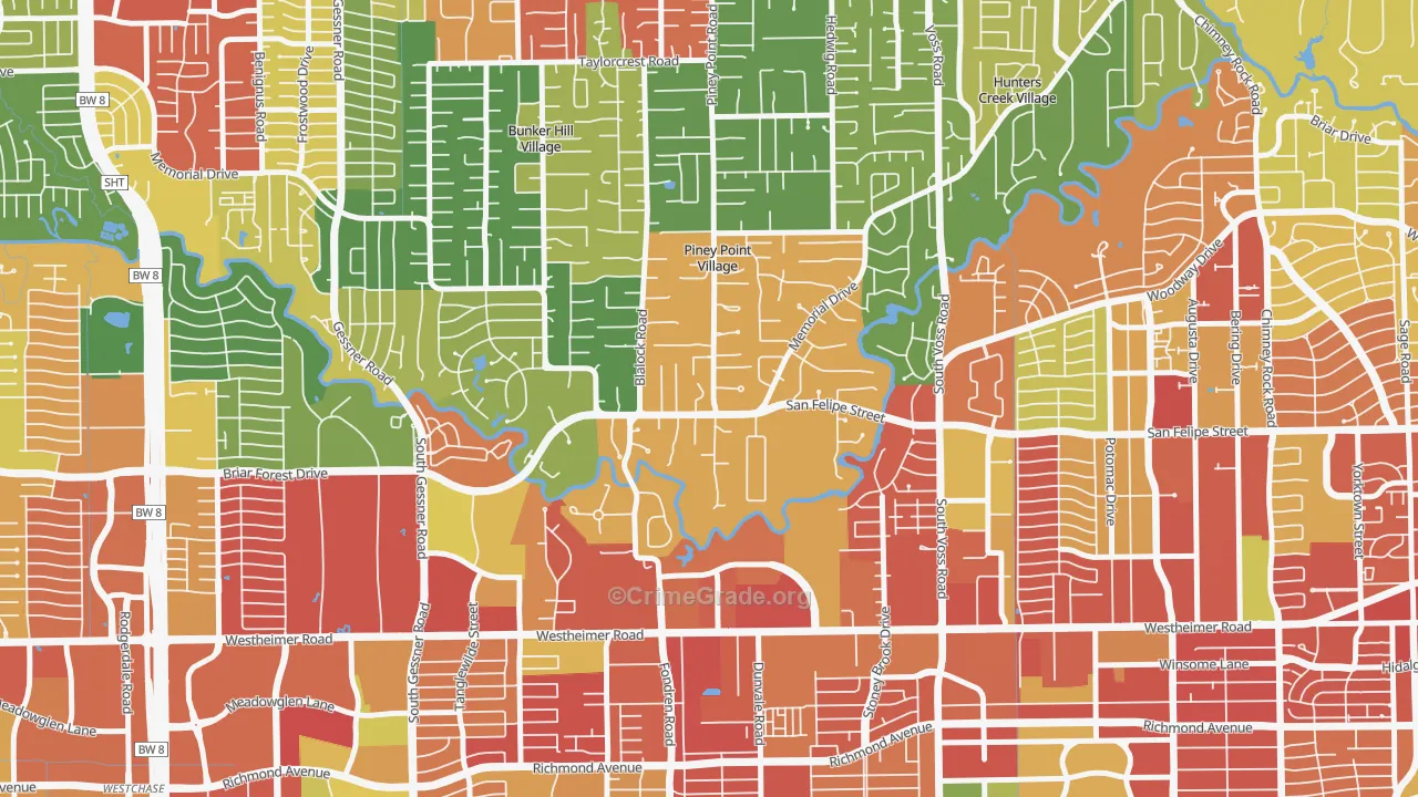 Piney Point Village, TX Map of Theft Rates