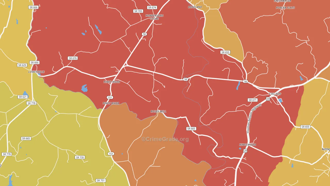 Piney River, VA Map of Theft Rates