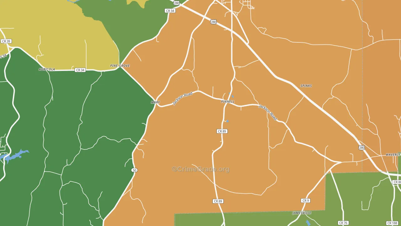 Pinnell, AL Map of Theft Rates