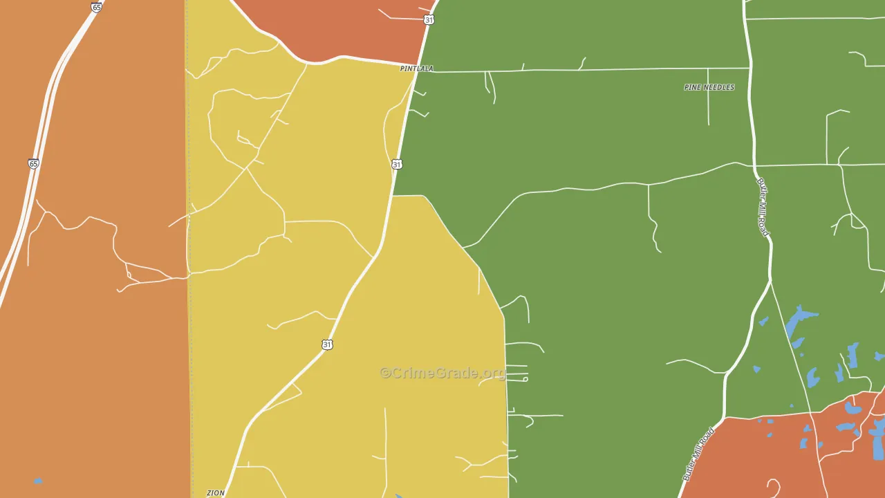 Pintlala, AL Map of Theft Rates