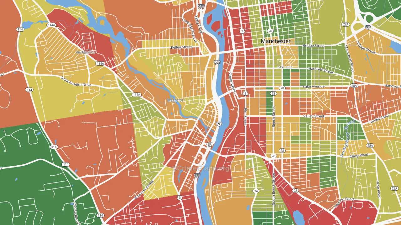 Piscataquog, Manchester, NH Map of Theft Rates