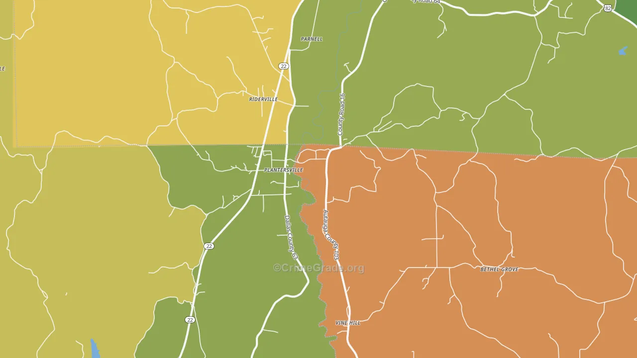 Plantersville, AL Map of Theft Rates