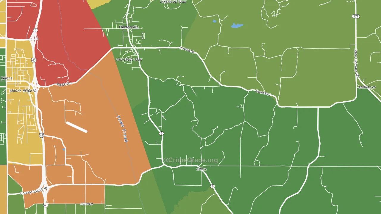 Plantersville, MS Map of Theft Rates