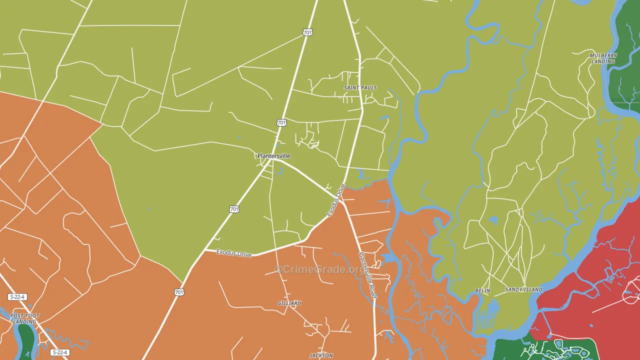 Plantersville, SC Map of Theft Rates