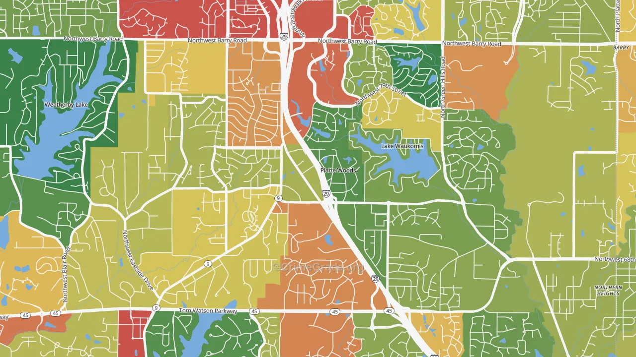 Platte Woods, MO Map of Theft Rates
