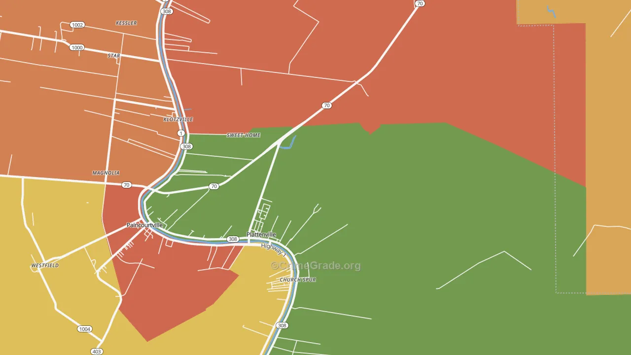 Plattenville, LA Map of Theft Rates