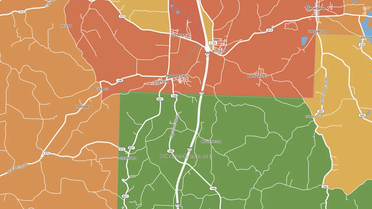 Pleasant City, OH Map of Theft Rates