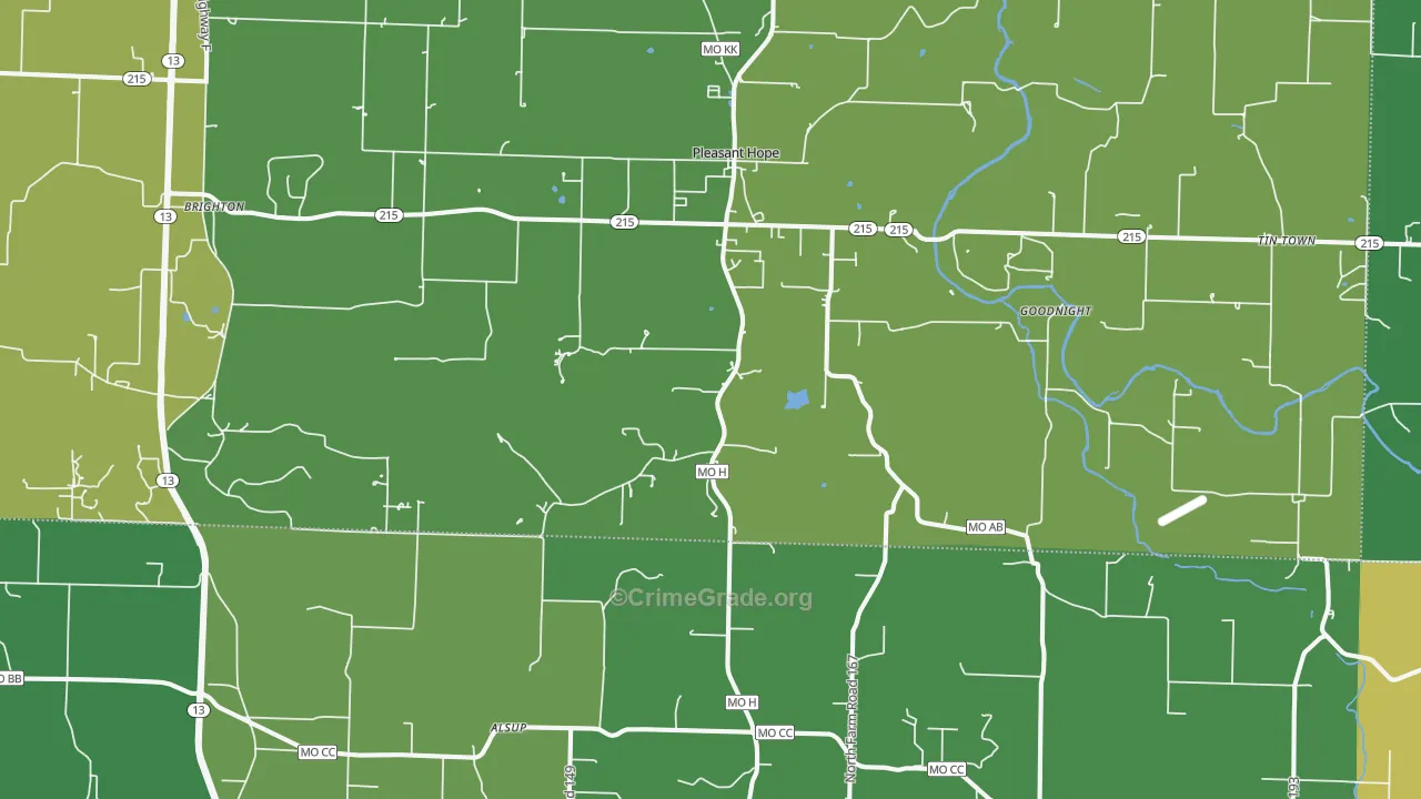 Pleasant Hope, MO Map of Theft Rates