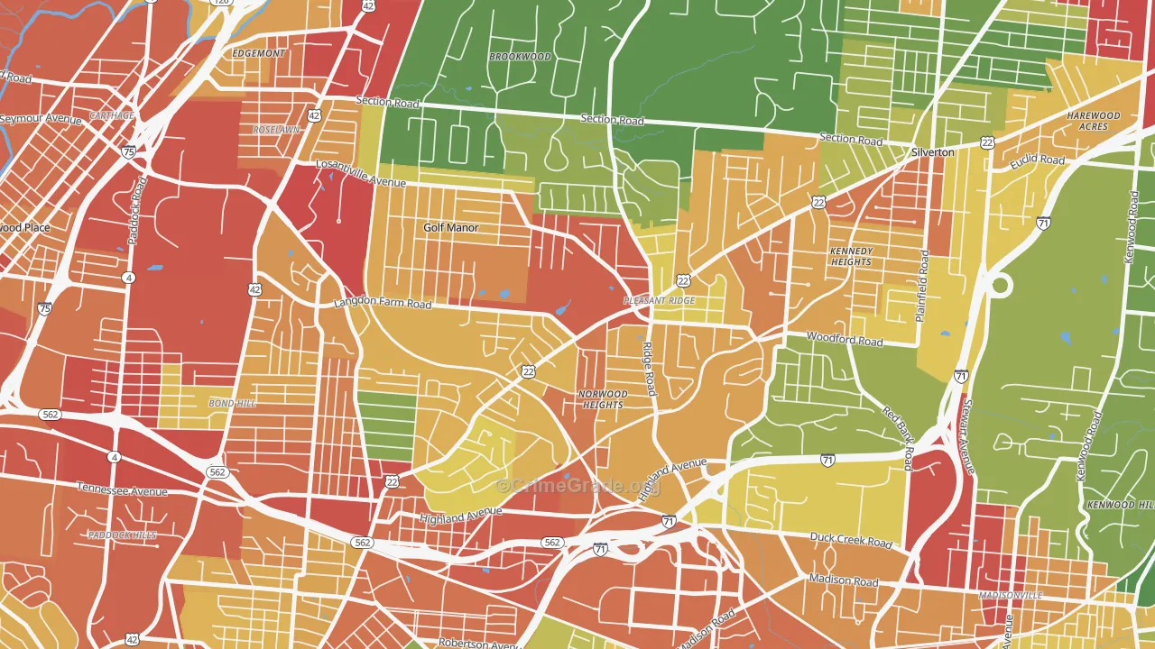 Pleasant Ridge, Cincinnati, OH Map of Theft Rates