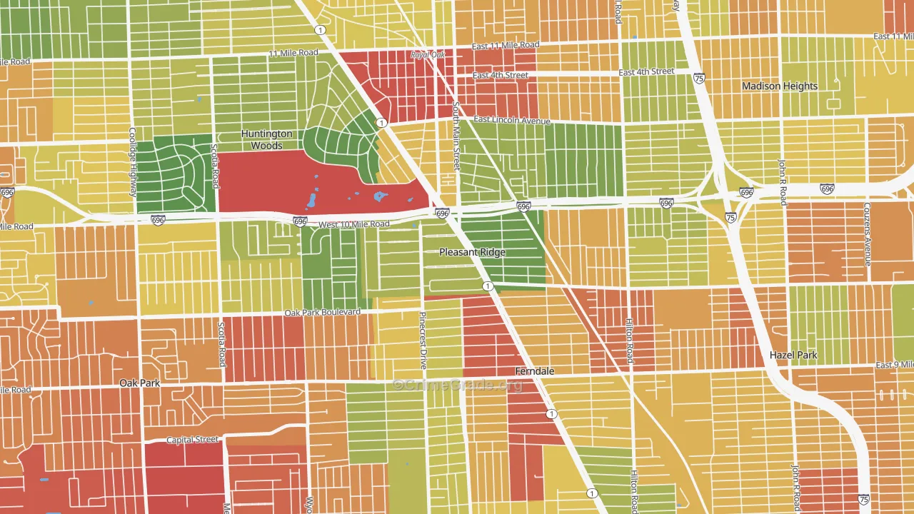 Pleasant Ridge, MI Map of Theft Rates