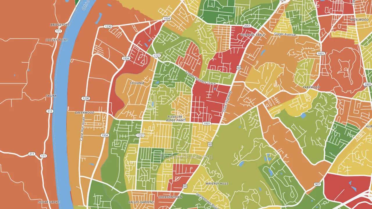 Pleasure Ridge Park, Louisville, KY Map of Theft Rates