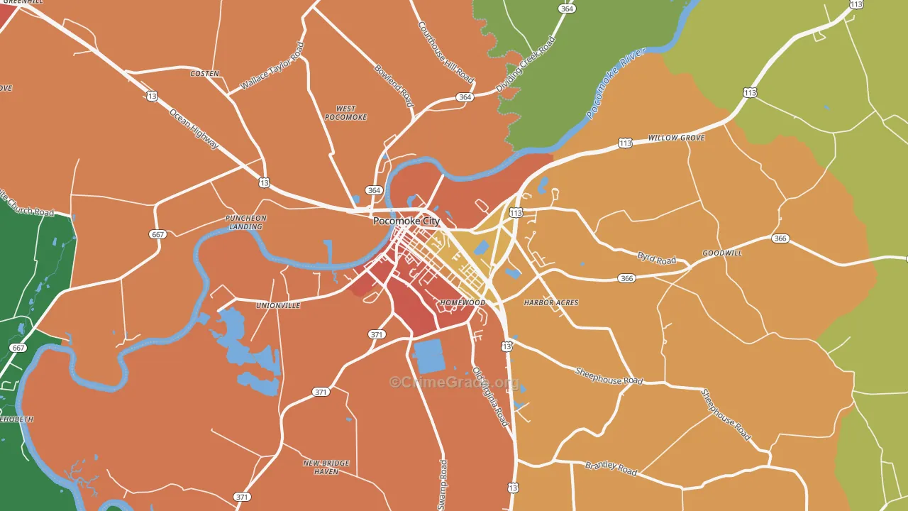 Pocomoke City, MD Map of Theft Rates