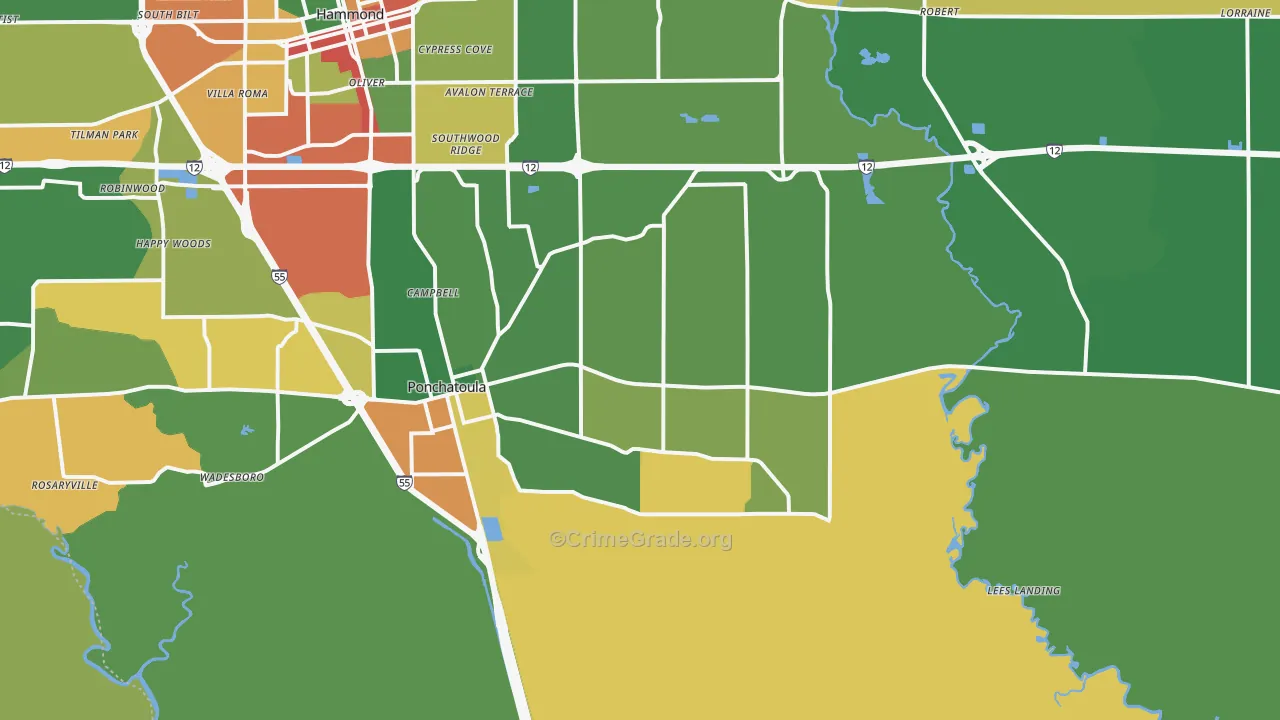 Ponchatoula, LA Map of Theft Rates