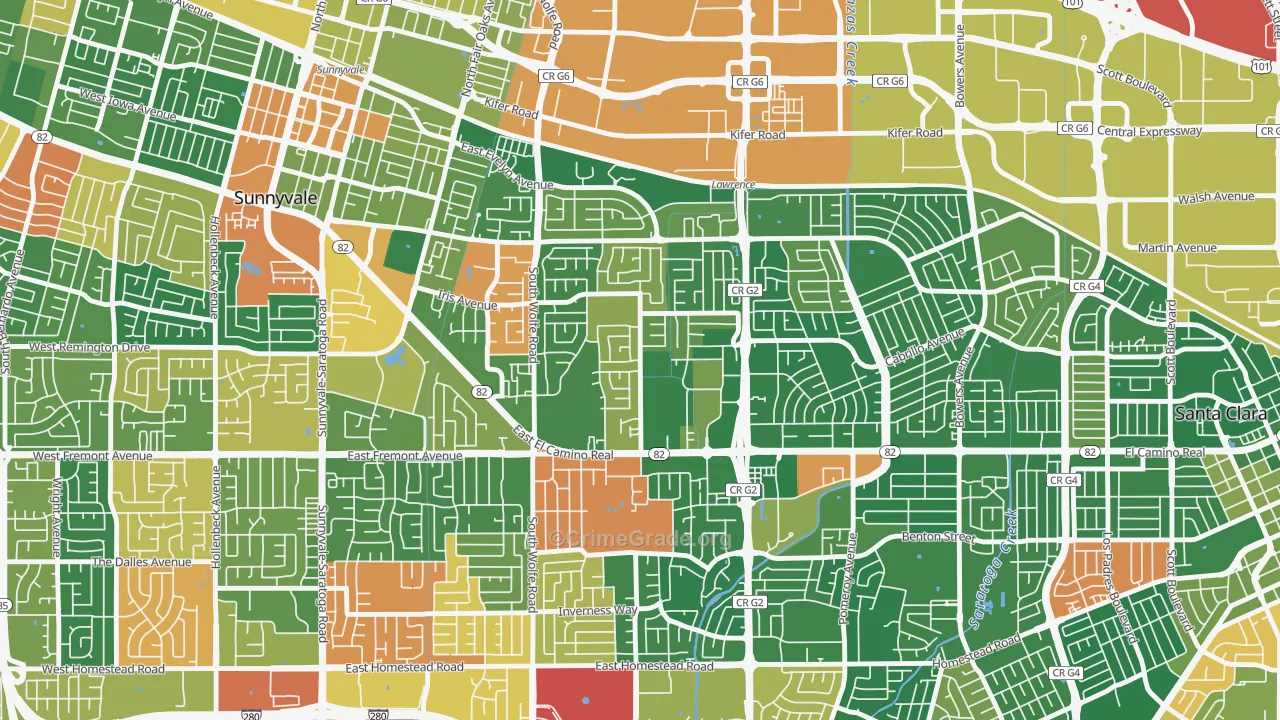 Ponderosa Park, Sunnyvale, CA Map of Theft Rates