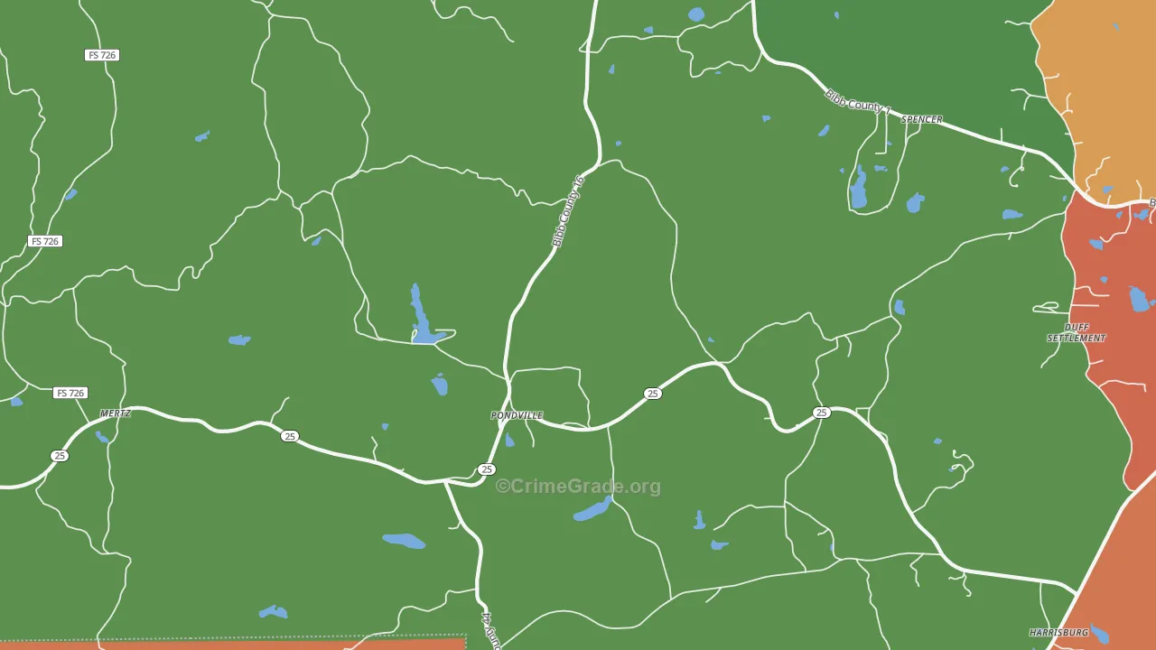 Pondville, AL Map of Theft Rates