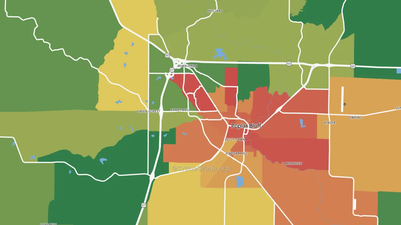 Poplar Bluff, MO Map of Theft Rates