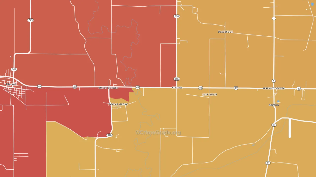 Poplar Grove, AR Map of Theft Rates