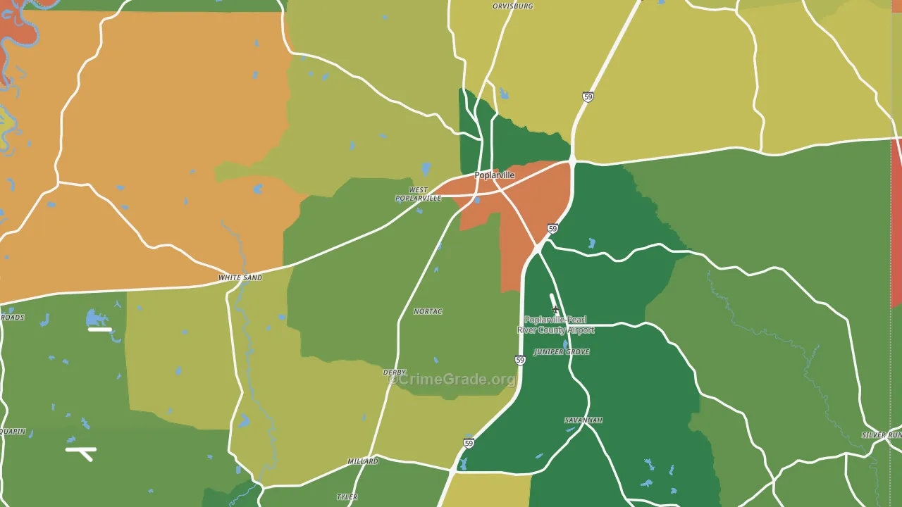 Poplarville, MS Map of Theft Rates